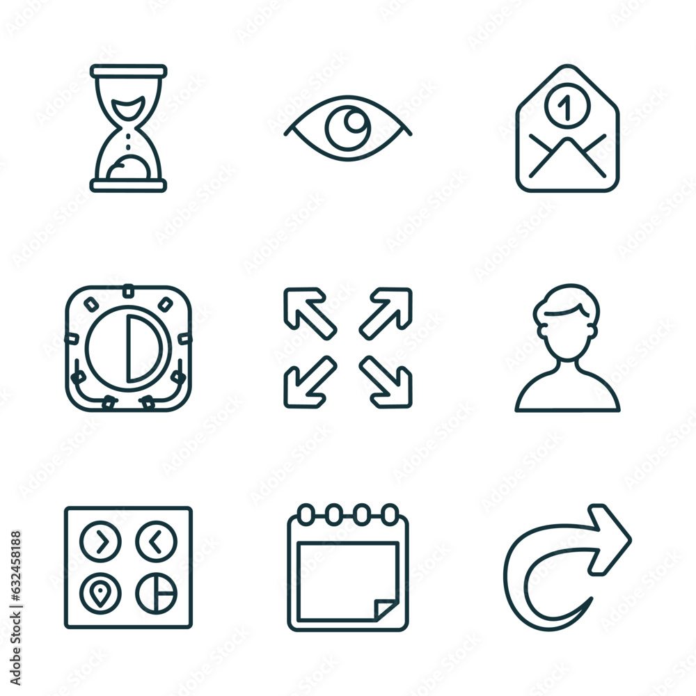 Poster set of 9 linear icons from user interface collection. concept. outline icons such as sand clock, vis