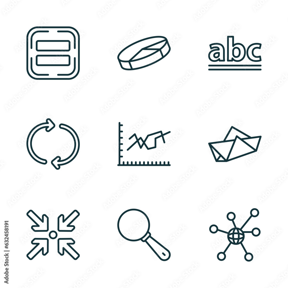 Poster set of 9 linear icons from user interface concept. outline icons such as equal, 3d pie chart, lowerc