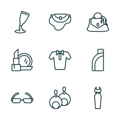 set of 9 linear icons from woman clothing concept. outline icons such as creme container black, handbag elegant, handbag of female, rectangular eyeglasses, round earrings, bottle vector