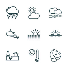 set of 9 linear icons from weather concept. outline icons such as stormy, clouds and sun, mist, earthquake, degree, night vector