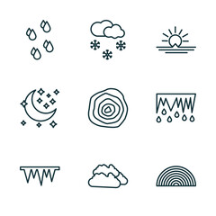 set of 9 linear icons from weather concept. outline icons such as raindrops, snowing, sunrise, icy, clouds, rainbow vector - obrazy, fototapety, plakaty