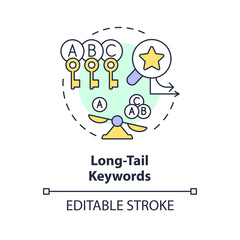 Editable long tail keywords icon concept, isolated vector, AI for SEO thin line illustration.