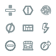 set of 9 linear icons from user interface concept. outline icons such as division, exclamation button, finger prints, minus, store, share vector