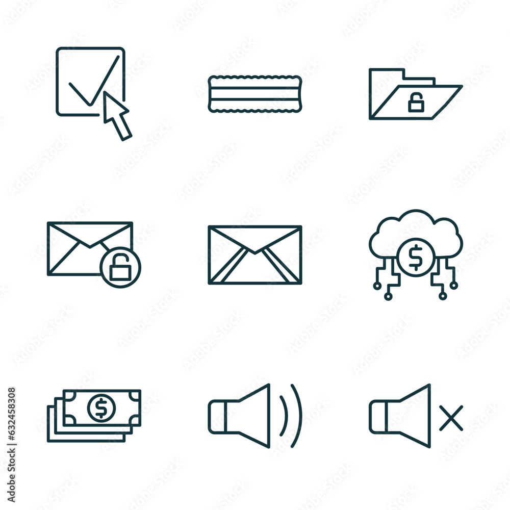 Poster set of 9 linear icons from user interface concept. outline icons such as check box with cursor, lace