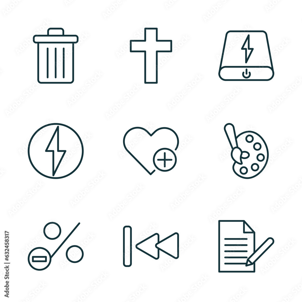 Poster set of 9 linear icons from user interface concept. outline icons such as delete button, cross, power