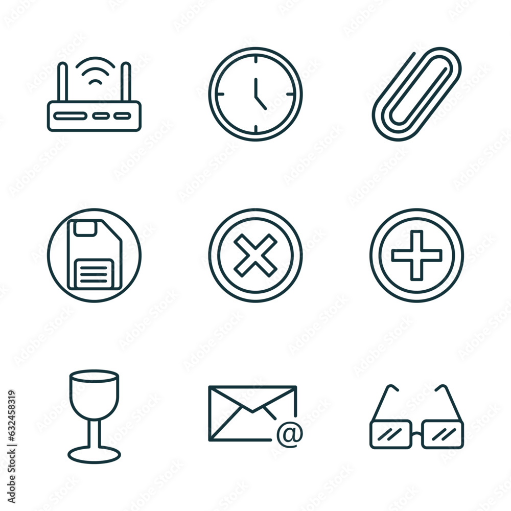 Poster set of 9 linear icons from user interface concept. outline icons such as internet modem, hours, shap
