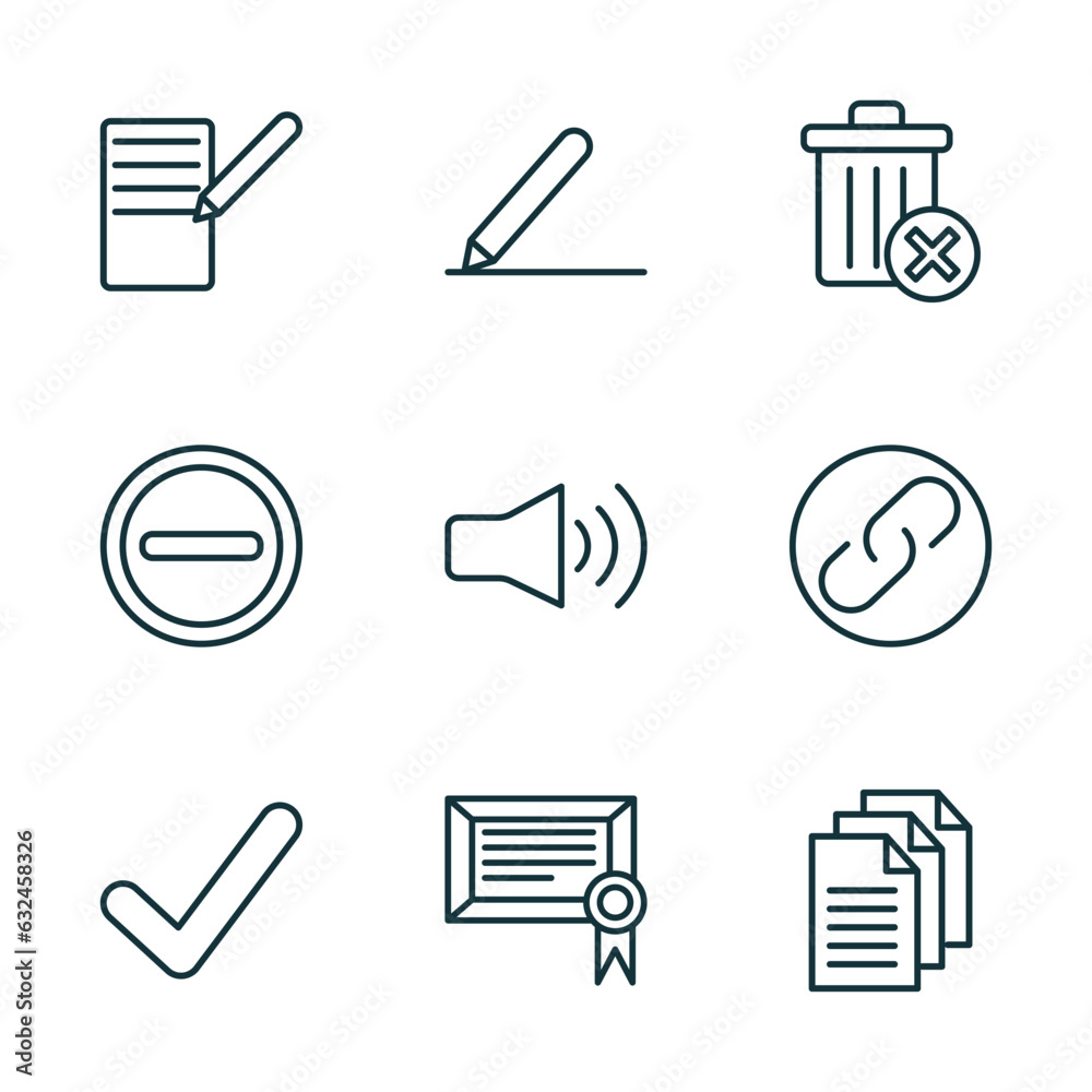 Poster set of 9 linear icons from user interface concept. outline icons such as form, pen writing a line, d