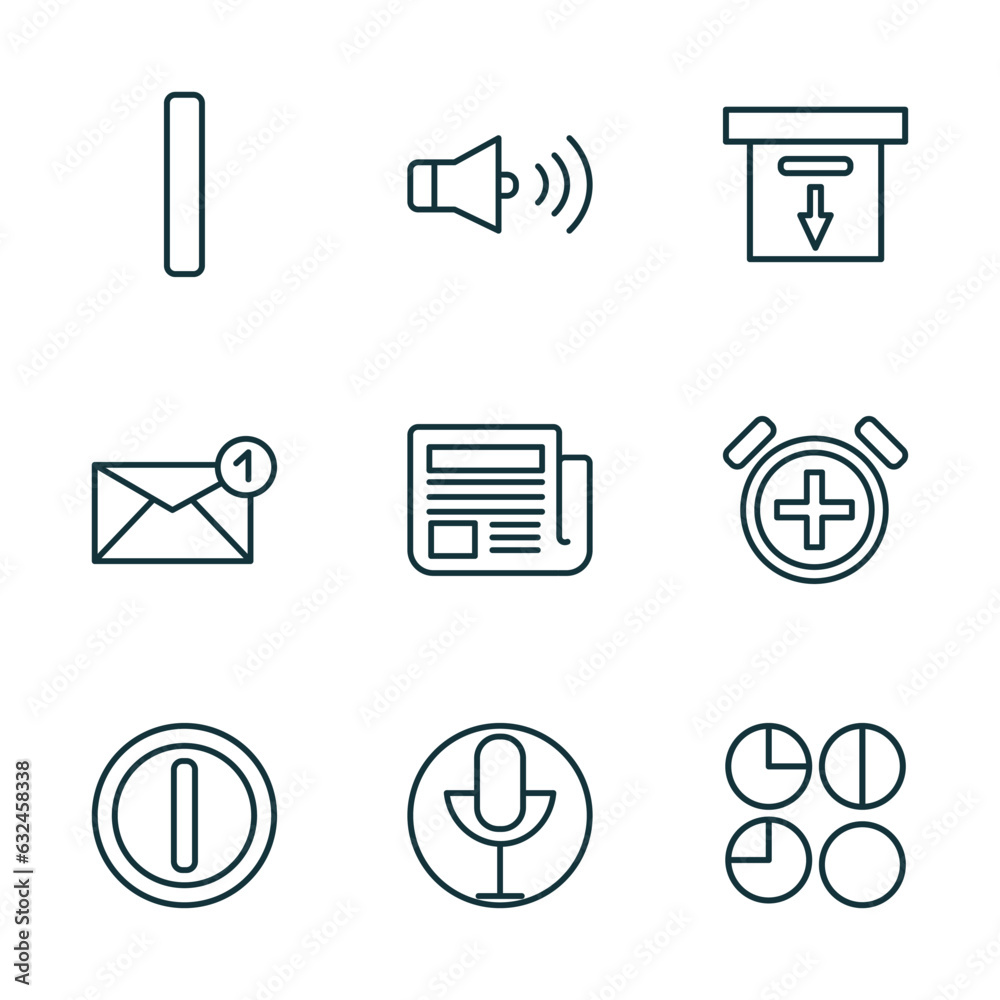 Poster set of 9 linear icons from user interface concept. outline icons such as vertical bar, round volume 