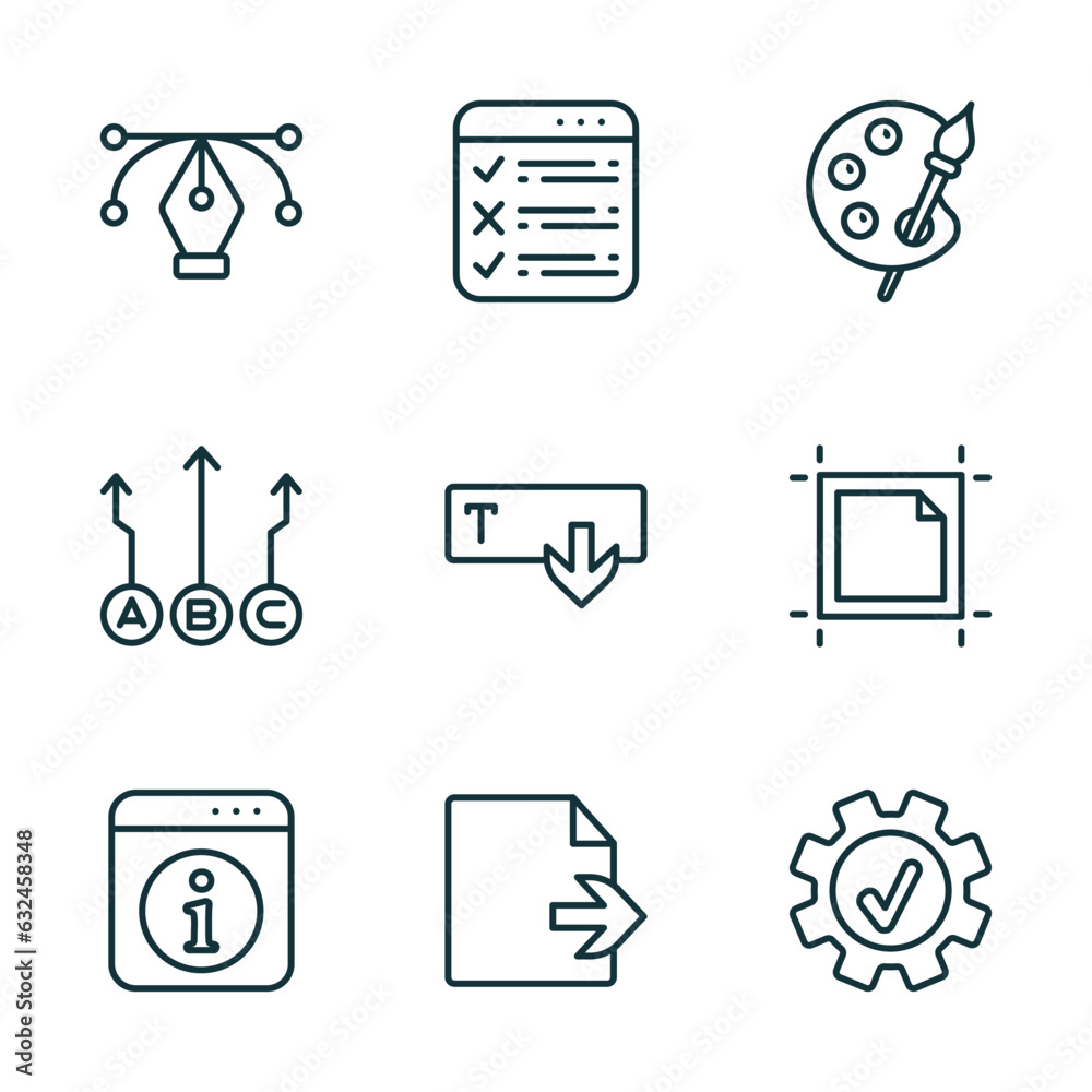 Poster set of 9 linear icons from user interface concept. outline icons such as anchor point, task list, pa