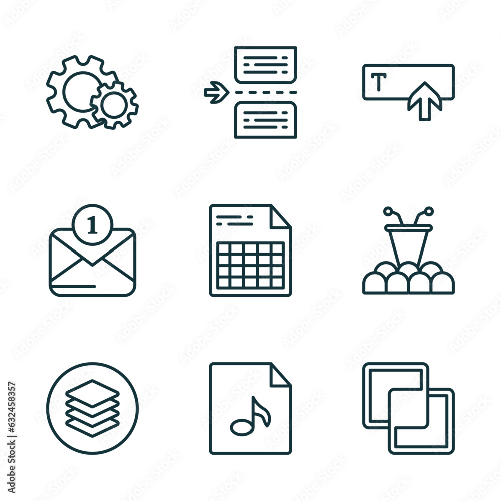 Poster set of 9 linear icons from user interface concept. outline icons such as wheels, page break, text in