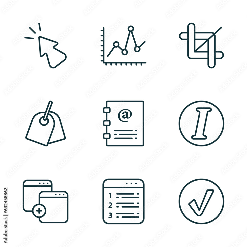 Poster set of 9 linear icons from user interface concept. outline icons such as cursor arrow, line dot char