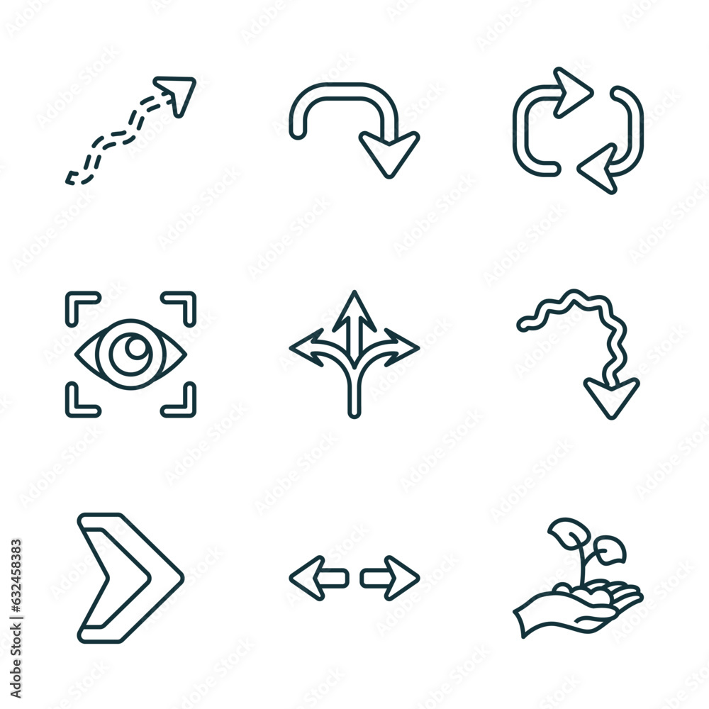 Poster set of 9 linear icons from user interface concept. outline icons such as scribble broken line, downw