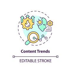 Editable content trends icon concept, isolated vector, AI for SEO thin line illustration.