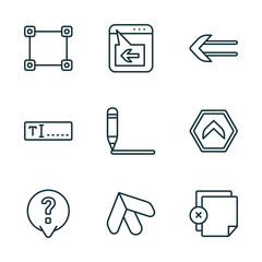 set of 9 linear icons from user interface concept. outline icons such as metrize, window back button, slim left, answer, top arrow, add new document vector