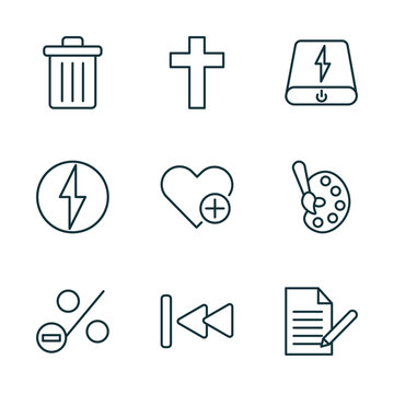 set of 9 linear icons from user interface concept. outline icons such as delete button, cross, power bank, less percentage, backward track, written paper vector