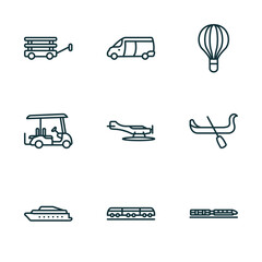 set of 9 linear icons from transportation concept. outline icons such as wagon, van, hot air balloon, ferry boat, light rail, monorail vector