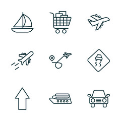 set of 9 linear icons from transport concept. outline icons such as sailing, cart with boxes, planes, shift, luxury yacht, auto vector