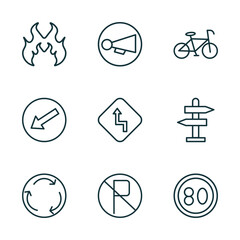 set of 9 linear icons from traffic signs concept. outline icons such as fire, horn, bicycle, roundabout, no parking, speed limit vector