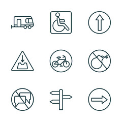 set of 9 linear icons from traffic signs concept. outline icons such as caravan, handicap, ahead only, no chatting, crossroad, one way vector