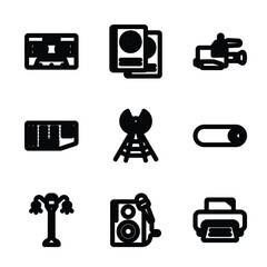 set of 9 linear icons from technology concept. outline icons such as caste tape, international passport, video camera side view, lamp post, entertainer, printer tool vector