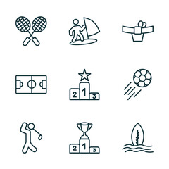 set of 9 linear icons from sport concept. outline icons such as badminton, man windsurfing, mawashi, golf player, podium with cup, surf vector © Farahim