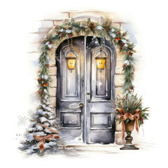 Winter door with christmas decorations, watercolor clipart, isolated white background