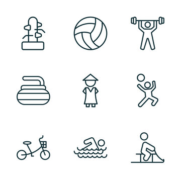 set of 9 linear icons from sports concept. outline icons such as wing chun, volleyball, weightlifter, bicycle for children, swimming man, person riding on sleigh vector
