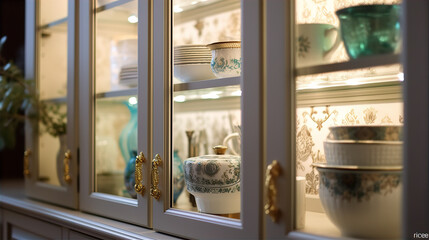 Close-Up of Elegant China Displayed in Glass Cabinet - AI Generated
