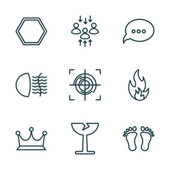 set of 9 linear icons from shapes concept. outline icons such as poligon, assembly area, speech bubble black, royalties, breakeable, human foot prints vector