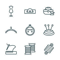 set of 9 linear icons from sew concept. outline icons such as mannequin, buttonhole, sewing box, stiching, coil, wire coil vector