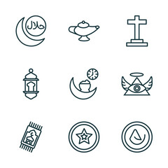 set of 9 linear icons from religion concept. outline icons such as islamic halal, arabian magic lamp, christianity, islamic praying carpet, anglican, asceticism vector - obrazy, fototapety, plakaty