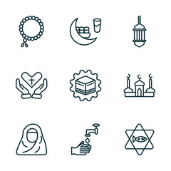 set of 9 linear icons from religion concept. outline icons such as prayer beads, fasting, arabic lamp, hijab, wudu, inclined fish vector