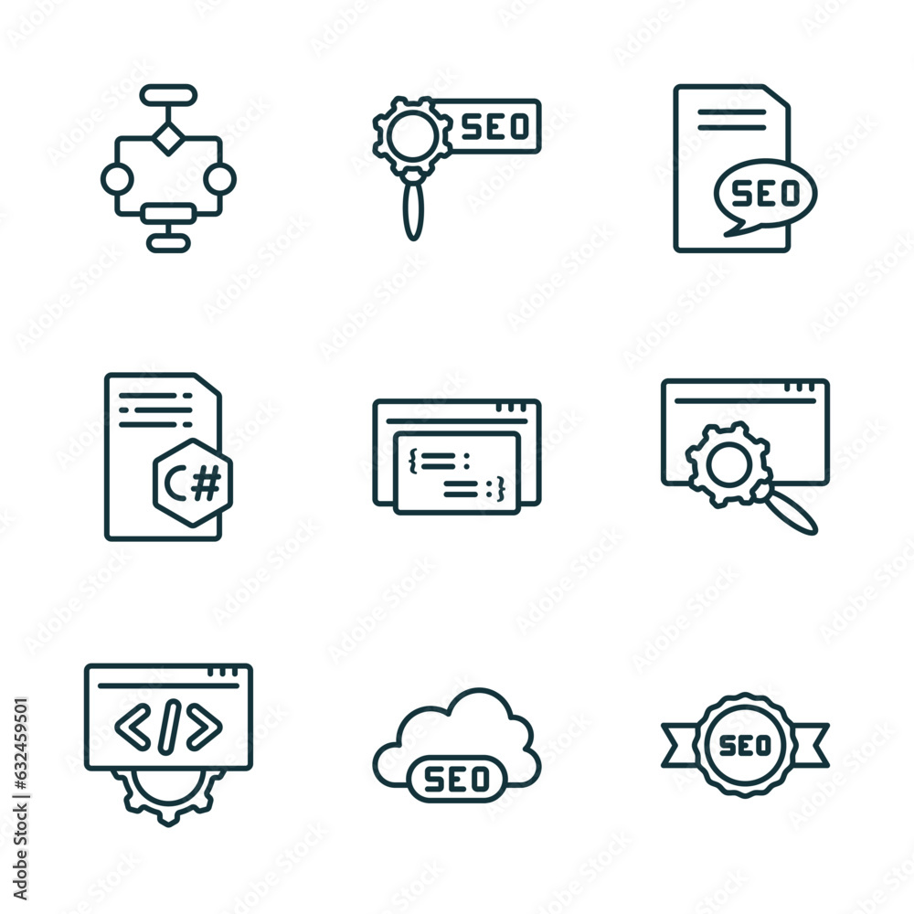 Poster set of 9 linear icons from programming concept. outline icons such as aorithm, advertising, seo repo