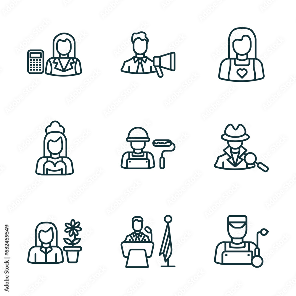 Poster set of 9 linear icons from professions concept. outline icons such as mathematician, marketing manag