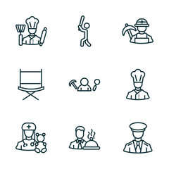 set of 9 linear icons from professions concept. outline icons such as cooker, baseball player, miner, pediatrician, waiter, captain vector
