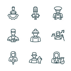 set of 9 linear icons from professions concept. outline icons such as it manager, lumberjack, mechanic, journalist, fisherman, chemist vector