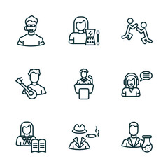 set of 9 linear icons from professions concept. outline icons such as bouncer, makeup artist, wrestling, teacher, mafia, scientist vector