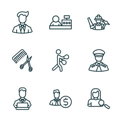 set of 9 linear icons from professions concept. outline icons such as businessman, cashier, carpenter, programmer, accountant, hr specialist vector