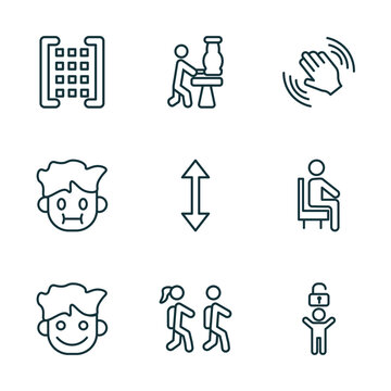 set of 9 linear icons from people concept. outline icons such as matrix, sculptor working, waving goodbye, happy smile, children in school, man with open lock vector