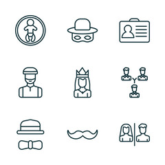 set of 9 linear icons from people concept. outline icons such as baby zone, zorro, identification ard, elegant, hairy, restroom vector