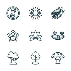 set of 9 linear icons from nature concept. outline icons such as fengshui, sun flare, fern, white oak tree, tree growing, mushroom with spots vector