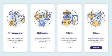 2D icons representing digital currency mobile app screen set. Walkthrough 4 steps colorful graphic instructions with thin line icons concept, UI, UX, GUI template.