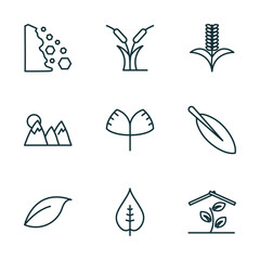 set of 9 linear icons from nature concept. outline icons such as falling debris, reed bed, grains, orange leaf, nut leaf, indoor vector