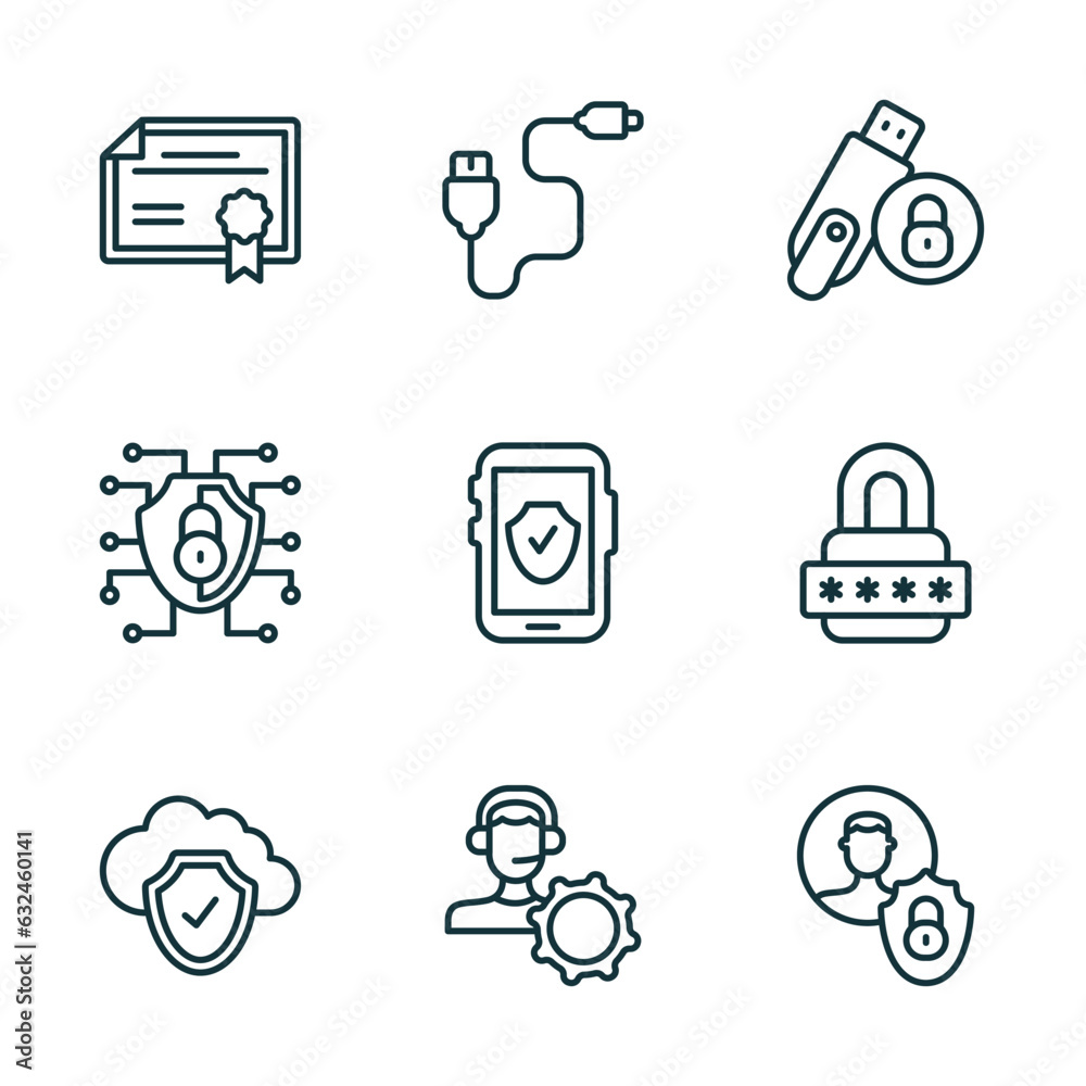 Wall mural set of 9 linear icons from internet security concept. outline icons such as network certificate, pho
