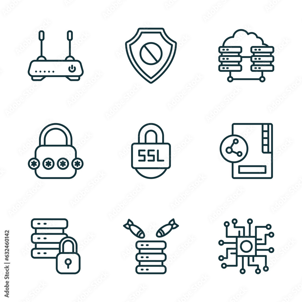 Poster set of 9 linear icons from internet security concept. outline icons such as modem, access denied, vi