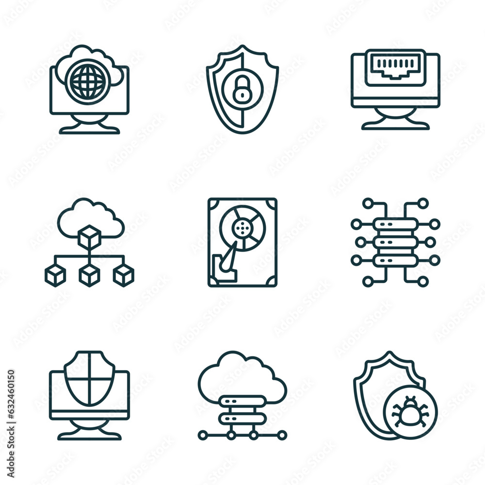 Poster set of 9 linear icons from internet security concept. outline icons such as internet connection, ins