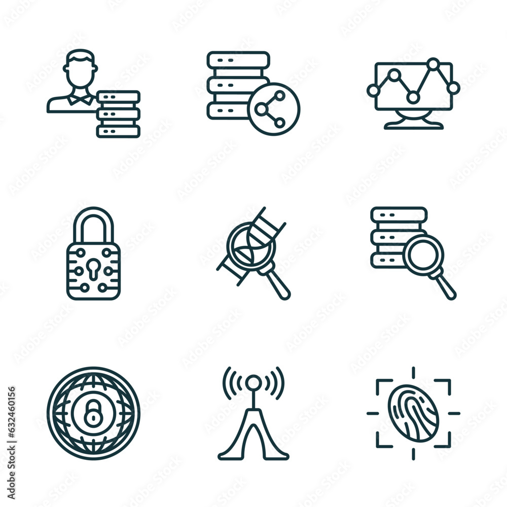 Poster set of 9 linear icons from internet security concept. outline icons such as network adminstrator, da