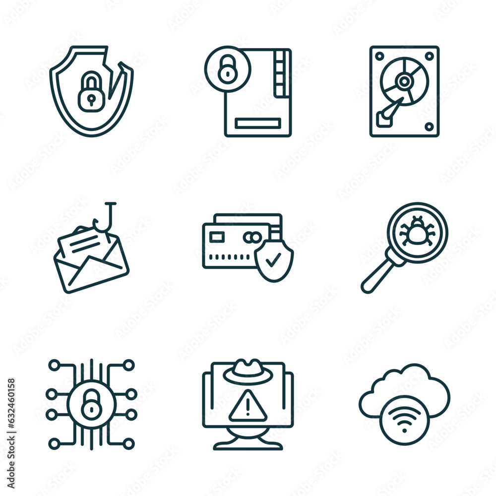 Poster set of 9 linear icons from internet security concept. outline icons such as internet attack, folder 