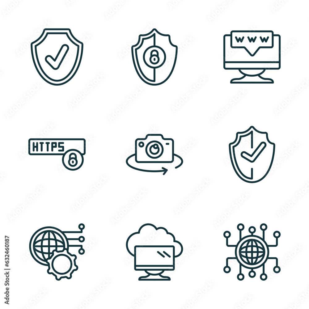 Poster set of 9 linear icons from internet security concept. outline icons such as antivirus, gdpr shield, 