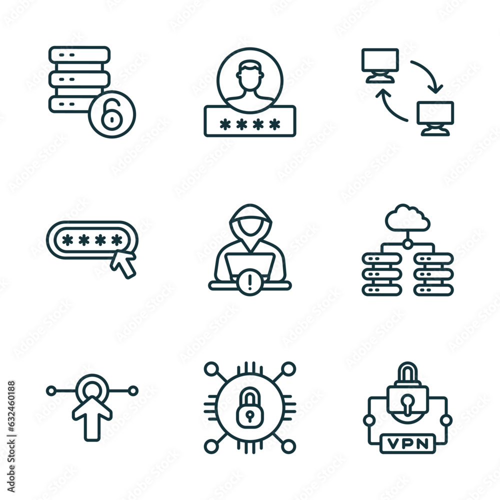 Poster set of 9 linear icons from internet security concept. outline icons such as data unclocked, authenti